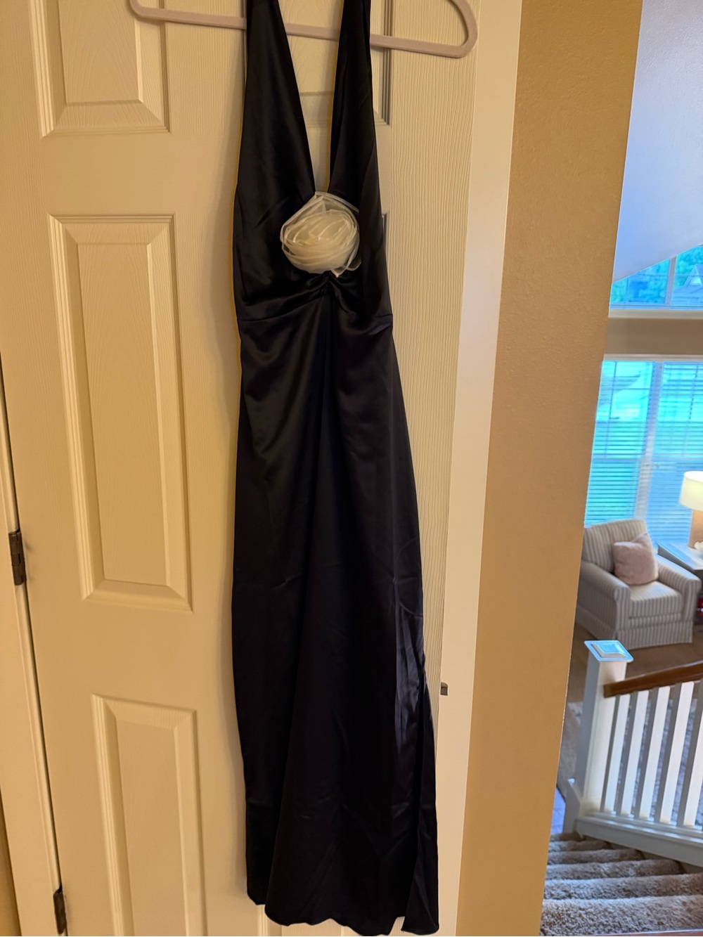 12th Tribe Black Satin Halter Dress with Cream Rosette Accent